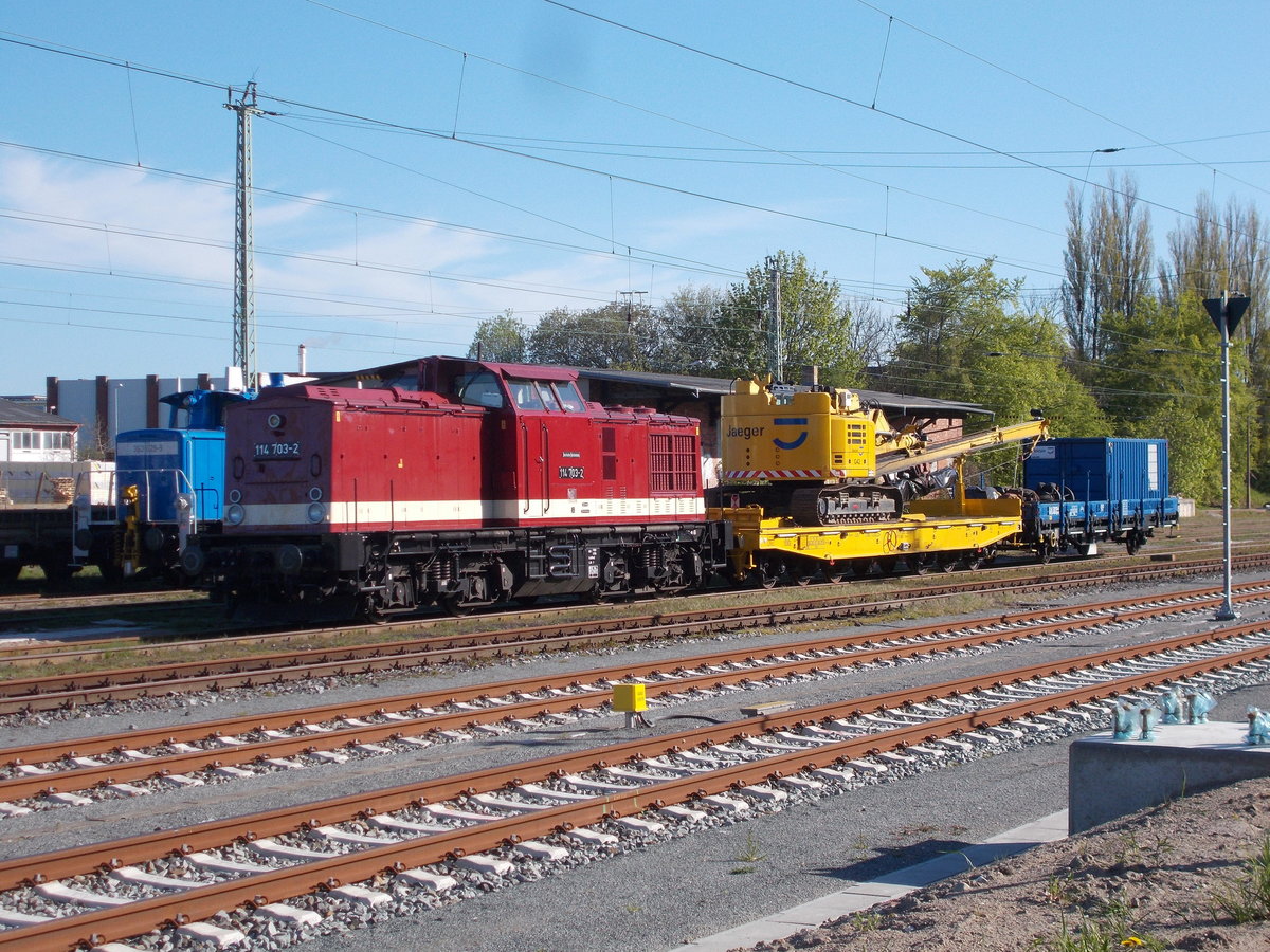 Sich noch nebenbei etwas Geld verdienen tut sich die PRESS 114 703.Am 06.Mai 2018 stand die Lok mit einem Bauzug in Bergen/Rügen.Auch die zusehende PRESS 363 029 tut sich auch noch etwas zuverdienen.