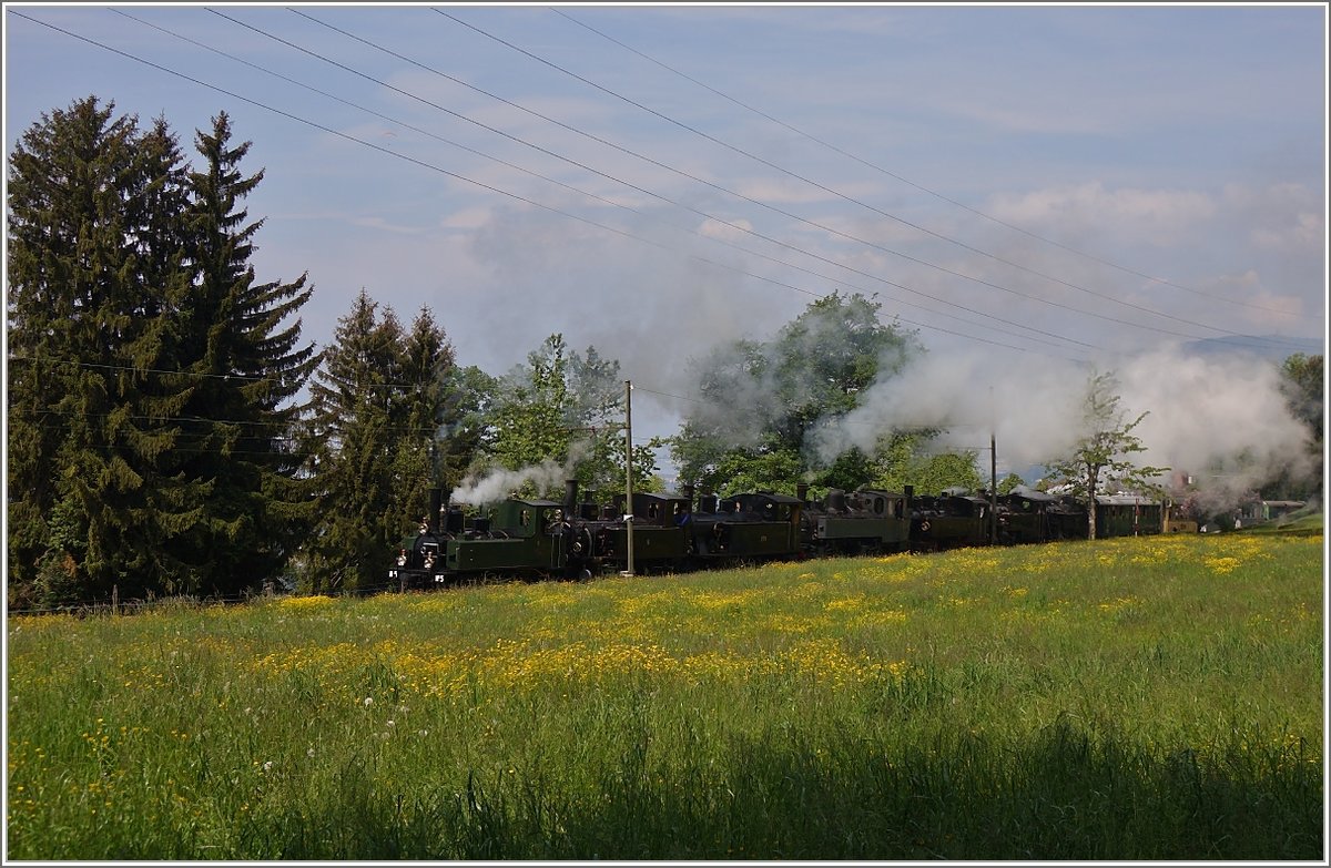 Sieben auf einen Streich! 
Ein Höhepunkt der 50 Jahr Jubiläumsfeier der Blonay-Chamby Museumsbahn.
Chaulin, den 19.05.2018