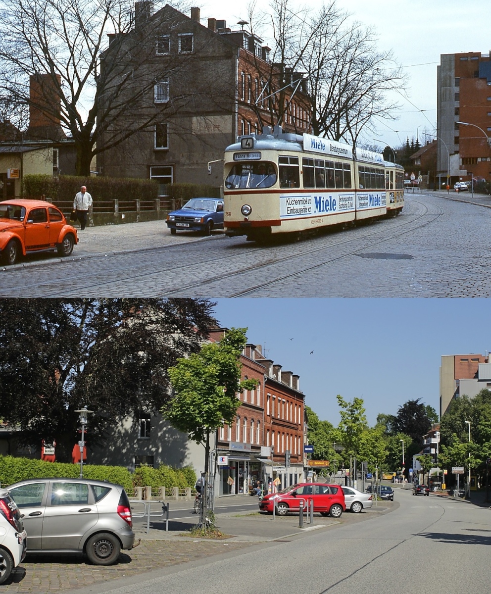 Sieht man einmal davon ab, dass die Straßenbahn verschwunden und die Schönberger Straße umgebaut wurde, scheint sich beim Vergleich der beiden Aufnahmen (oben der GT6 268 am 27.04.1985, darunter ein Bild vom 08.07.2023) in den vergangenen 38 Jahren in Kiel-Wellingdorf kaum etwas geänderet zu haben...