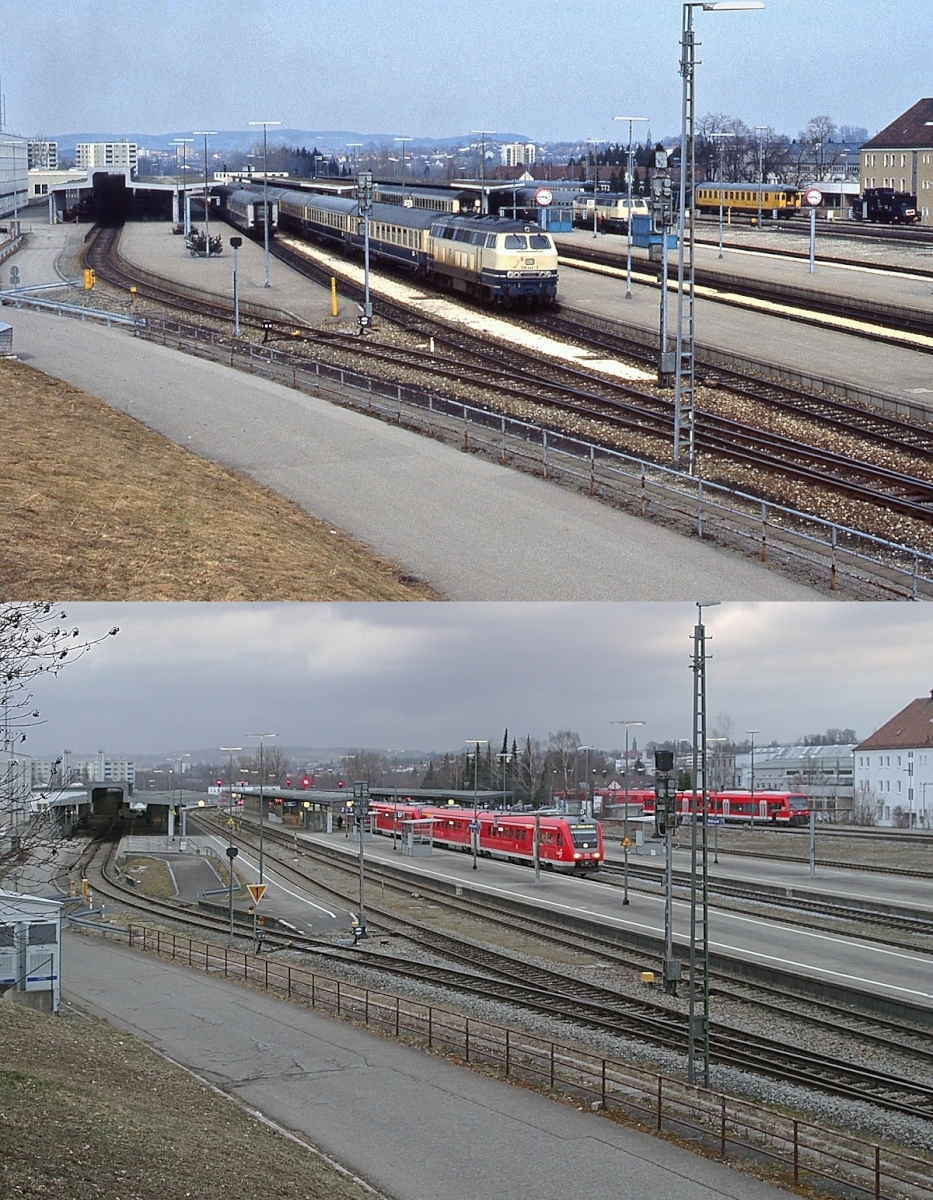 Sieht man einmal von den Fahrzeugen ab, hat sich in den mehr als 40 Jahren, die zwischen den beiden Aufnahmen liegen, erstaunlich wenig im Bahnhof Kempten im Allgäu geändert. Auf der oberen Aufnahme, die im April 1982 entstand, sind die 218 442-2 vor einem D-Zug in beige-türkiser Farbgebung und im Hintergrund etwas verdeckt die 218 419-0 zu sehen, darunter verlässt ein in DB-Rot lackiertes 612-Duo am Abend des 24.02.2023 den Bahnhof in Richtung Immenstadt.
