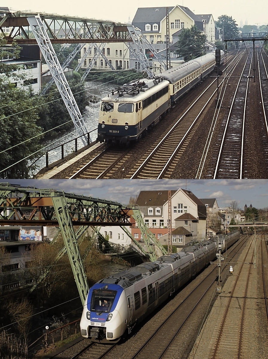 Sieht man einmal von den Zügen ab, hat sich an dieser Fotostelle in Wuppertal-Barmen in den letzten mehr als 30 Jahren nicht viel geändert. Oben fährt 110 333-2 mit einem kurzen Eilzug in der zweiten Hälfte der 1980er Jahre durchs Bild, unten ist der National-Express-ET 374 mit dem RE 7 von Rheine nach Krefeld am 12.03.2020 unterwegs. Und mir ist wiederum nicht gelungen, Bahn und Schwebebahn zusammen aufs Bild zu bekommen...