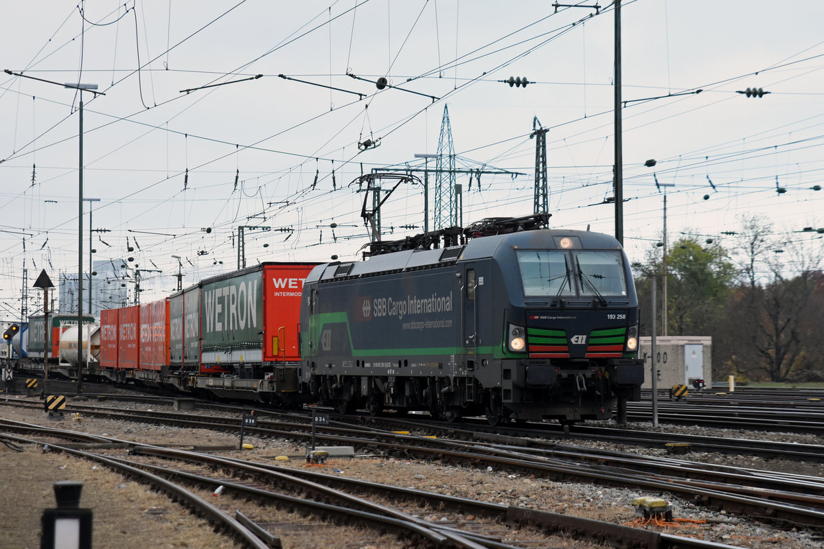 Siemens Vectron 193 258-1 durchfährt den badischen Bahnhof. Die Aufnahme stammt vom 15.11.2018.