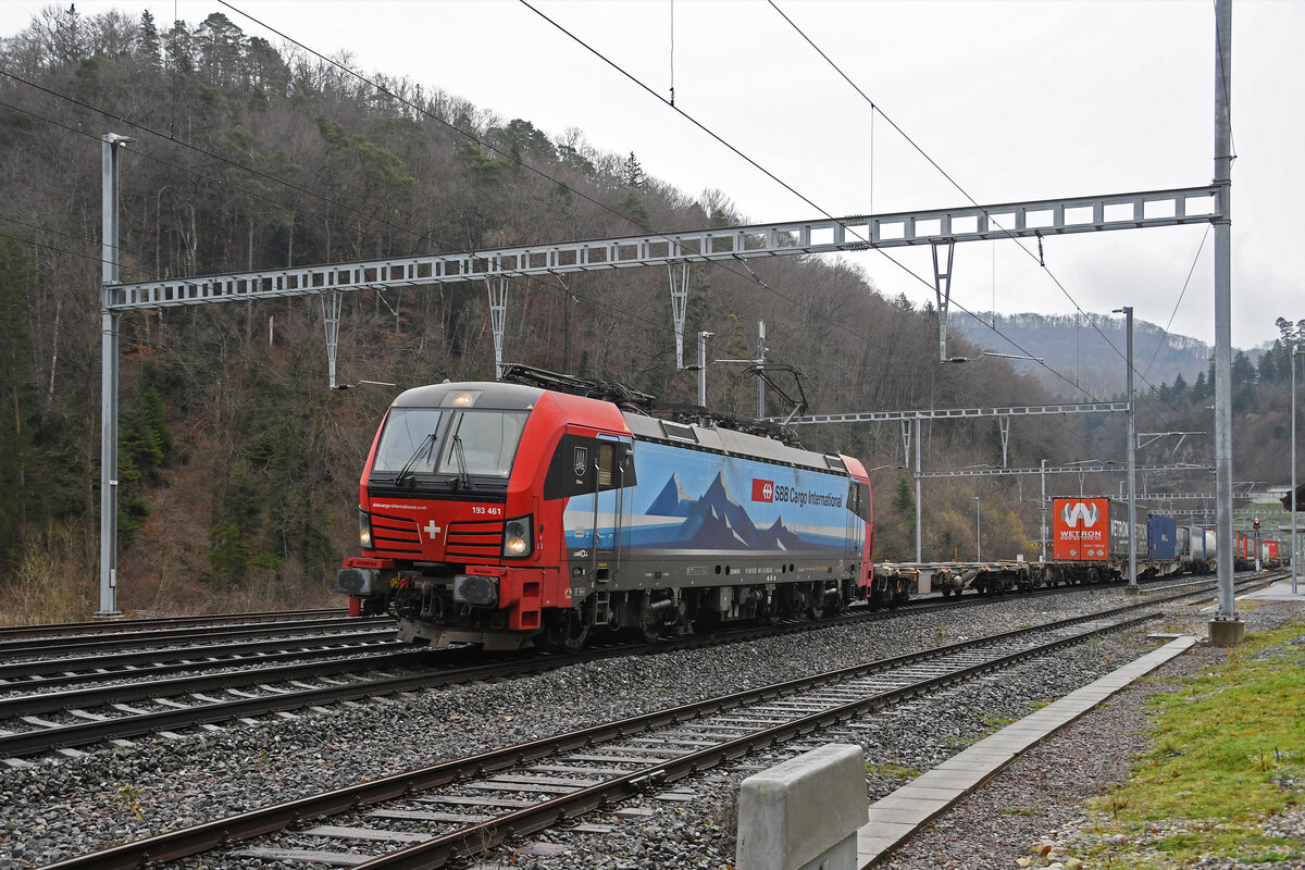 Siemens Vectron 193 461-1 durchfährt am 04.01.2023 den Bahnhof Effingen.