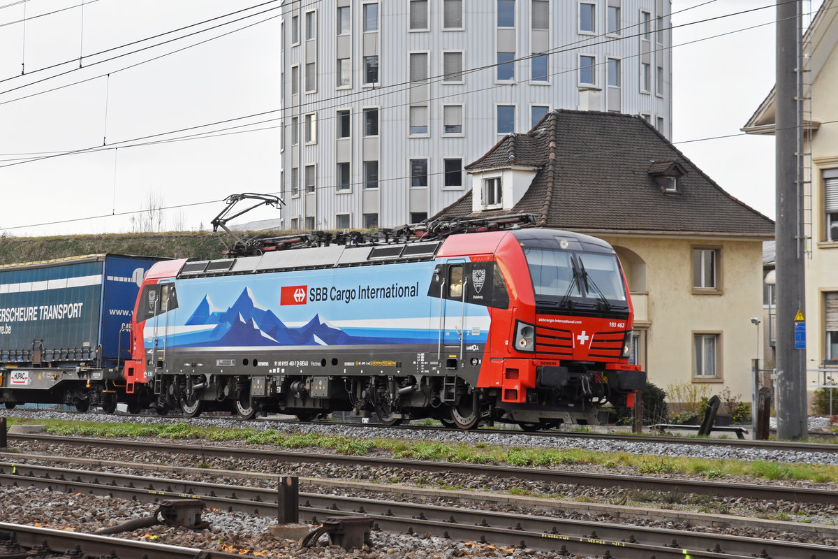 Siemens Vectron 193 463-7 durchfährt den Bahnhof Pratteln. Die Aufnahme stammt vom 06.03.2019.