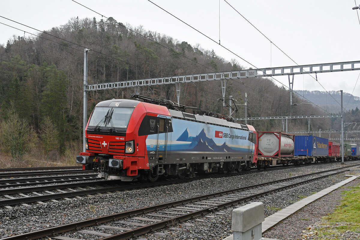 Siemens Vectron 193 463-7 durchfährt am 04.01.2023 den Bahnhof Effingen.