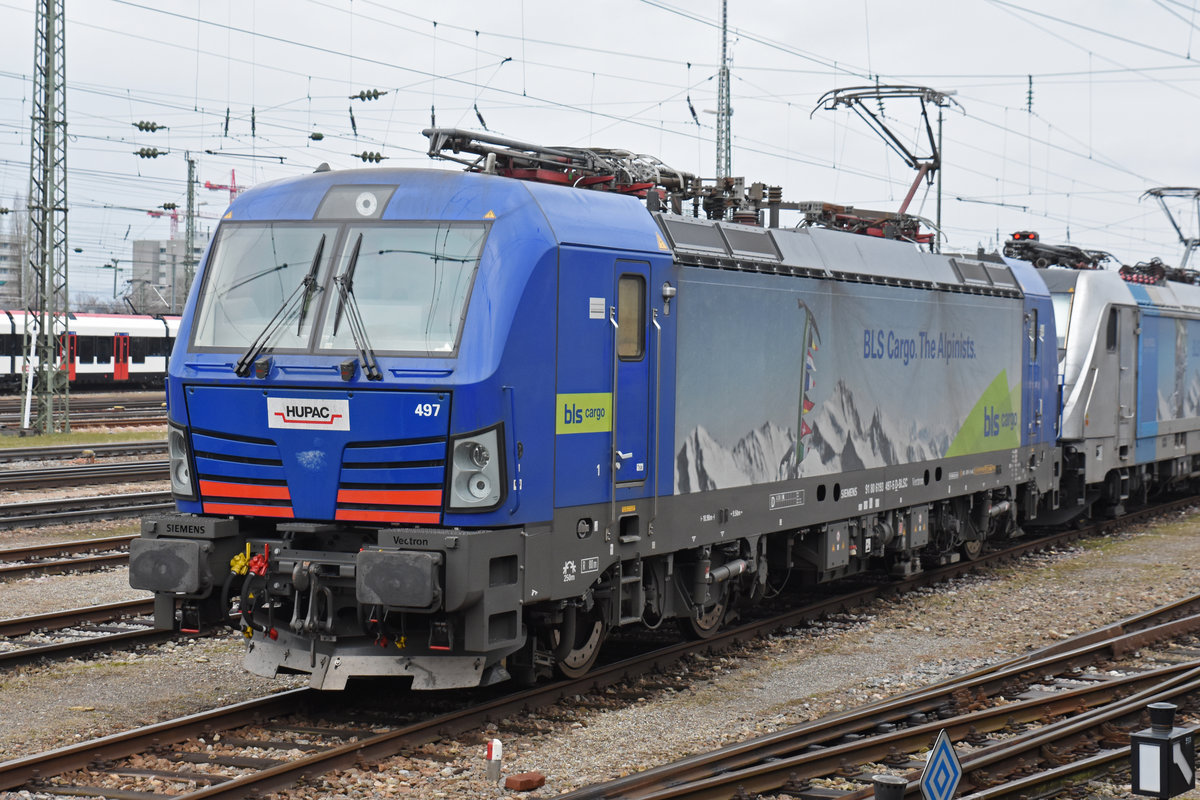 Siemens Vectron 193 497-5 steht in der Abstellanlage bein badischen Bahnhof. Die Aufnahme stammt vom 03.02.2019.