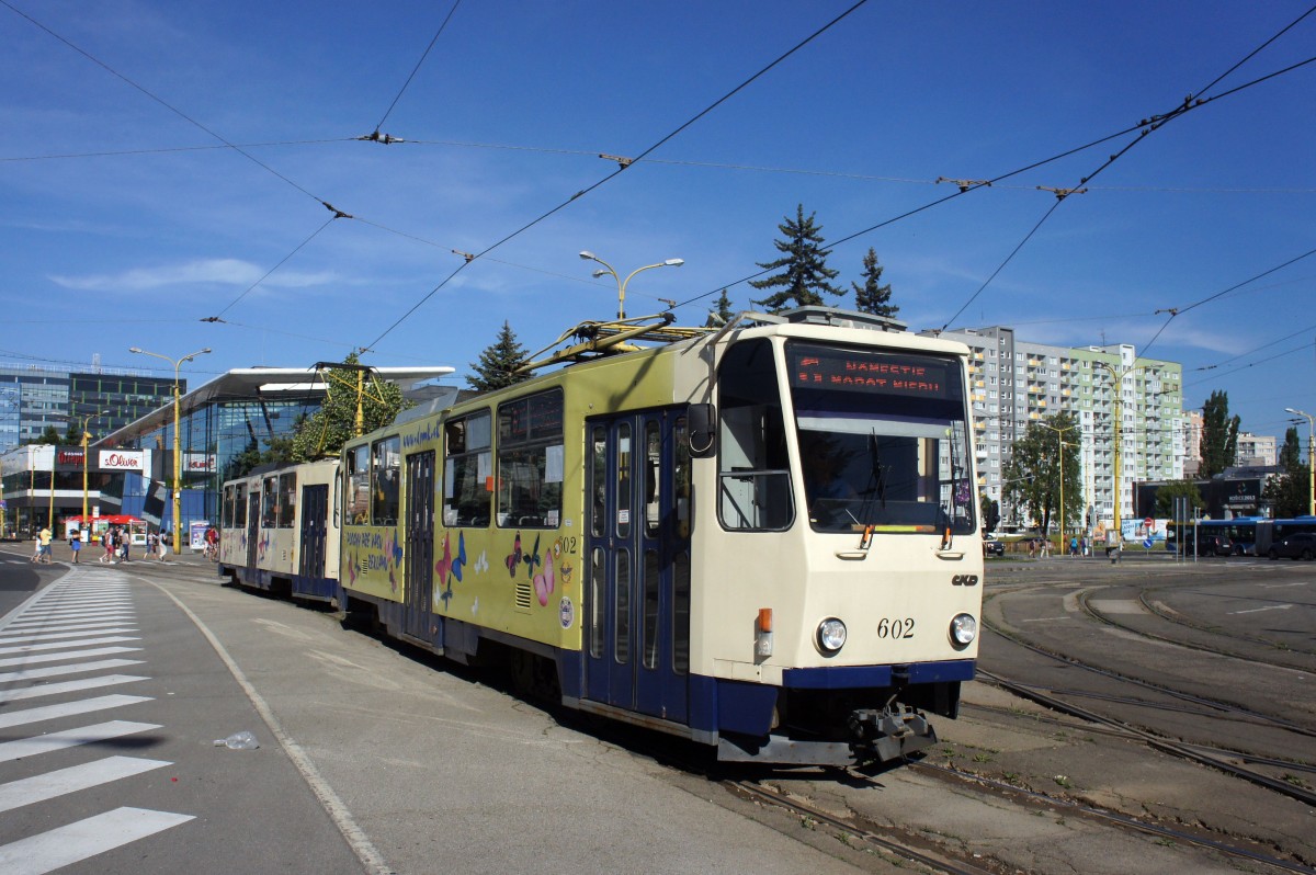 Slowakei / Straßenbahn Košice: Tatra T6A5 - Wagennummer 602 / Tatra T6A5 Wagennummer 603 ...aufgenommen an der zentralen Haltestelle  Námestie osloboditel`ov  im Juni 2014.

