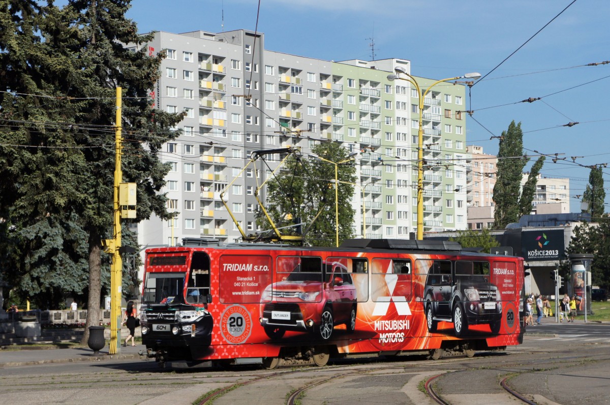 Slowakei / Straßenbahn Košice: Tatra T6A5 - Wagennummer 604 ...aufgenommen an der zentralen Haltestelle  Námestie osloboditel`ov  im Juni 2014.
