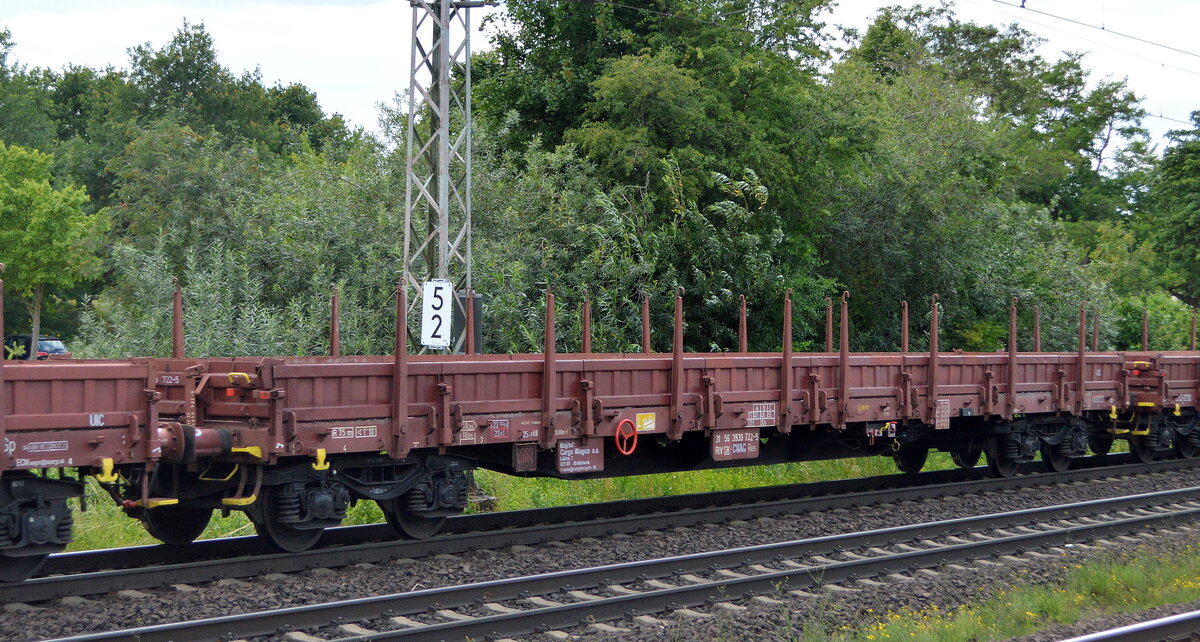 Slowakischer Drehgestell-Flachwagen mit Seitenborden vom Einsteller Cargo Wagon a.s. mit der Nr. 31 RIV 56 SK-CWAG 3939 722-5 Res in einem Ganzzug am 05.07.22 Vorbeifahrt Bahnhof Dedensen Gümmer.