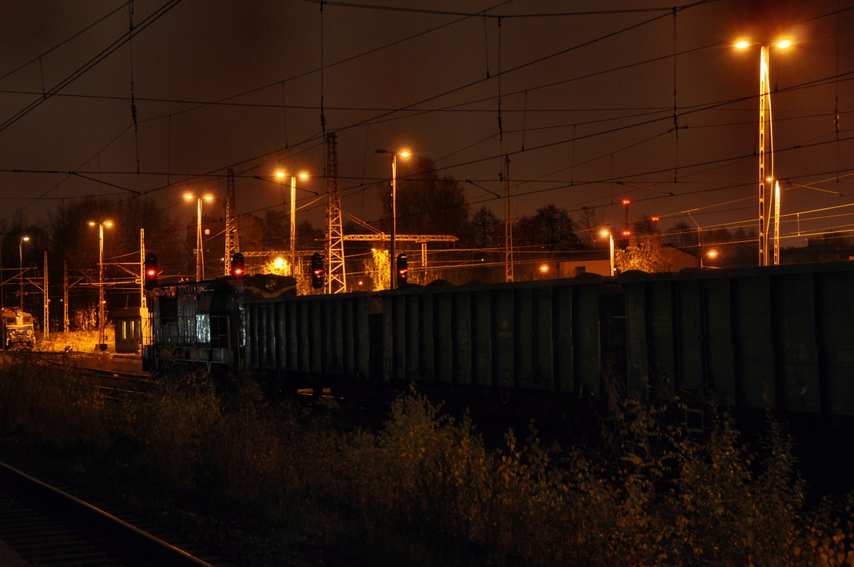SM31 wartet in Katowice-Ligota auf ihren Nchsten Einsatz (kurz bevor das Bild entstand ist die Bahnsteigbeleuchtung ausgefallen weswegen das Bild so  dunkel  ist ;)) (27.10.2013)