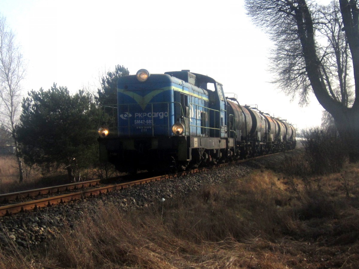 SM42-683 mit Kesselwagenzug in der Nähe von Miedzyrzecz,25.02.2014