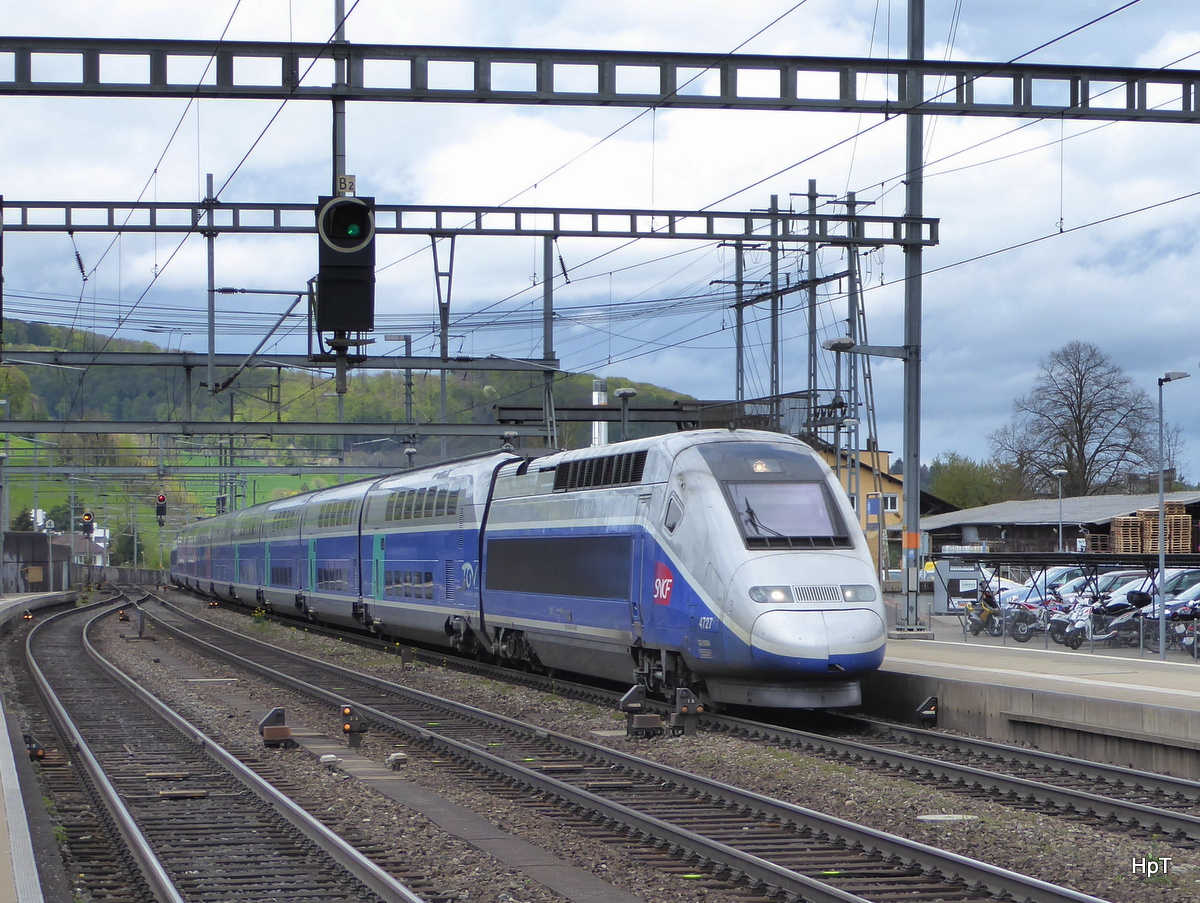 SNCF - TGV 4727 unterwegs im Bahnhofsareal in Liestal am 16.04.2016