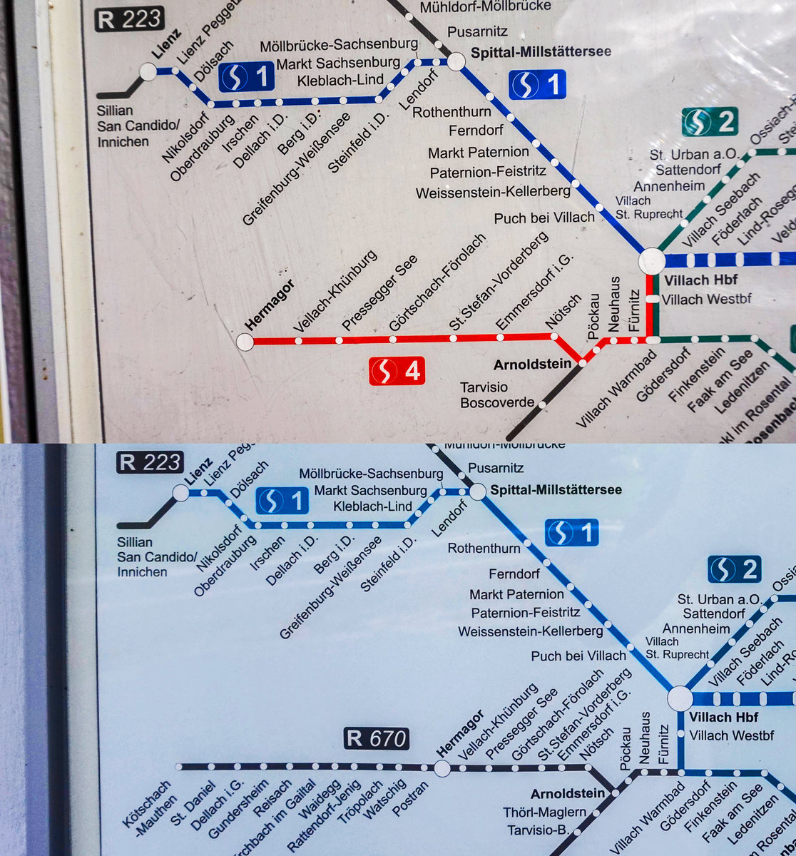 So kann man die Fahrgäste auch verarschen.
Das Bild zeigt einmal oben den neuen Plan der Kärntner S-Bahn von 2017, und darunter den von 2016.
Sieht man sich die Gailtalbahn (670 / S4) an, wurde die Linie einfach etwas länger gezogen. 
So fällt es doch gar nicht mehr so auf, dass da was fehlt ;-)