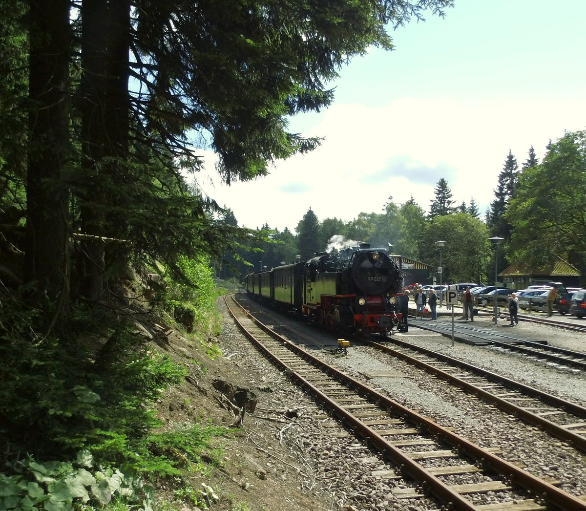 So sieht die Ruhe vor dem Sturm auf den Berg aus.In Schierke wartet der Traditionszug mit 99 222 auf die Einfahrt des Planzuges aus Drei Annen Hohne, um dann talwärts den Bahnhof zu verlassen, damit der Planzug vom Brocken Gleis 2 benutzen kann.Nach der Abfahrt des bergwärts fahrenden Zuges rollt der Traditionszug an den Bahnsteig 1 um dann dem bergwärts fahrenden Zug zu folgen. 19.08.2017