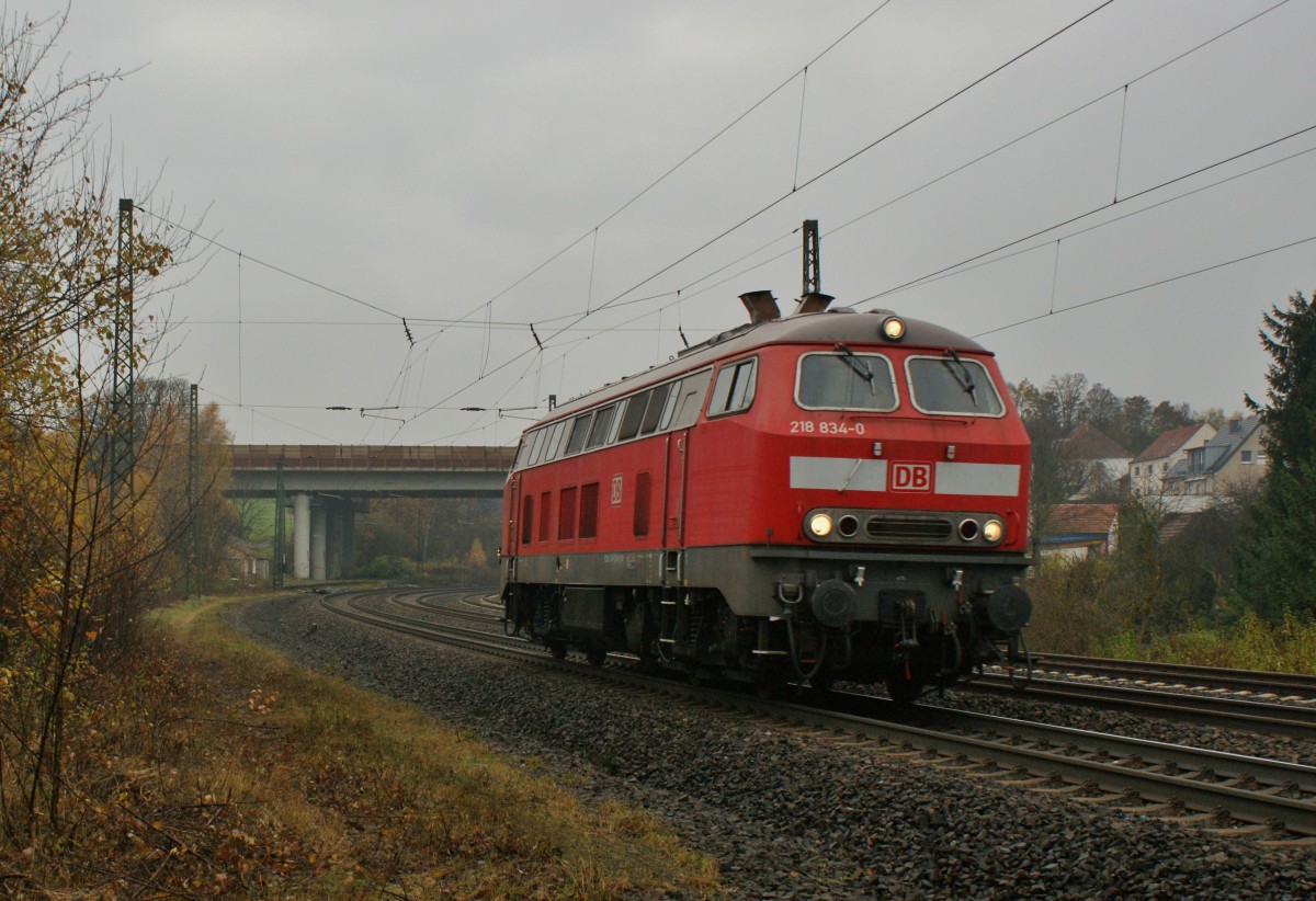 Solo unterwegs die 218 834-0 von Fulda kommend am 14.11.13