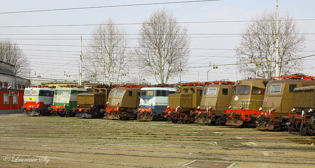 Some of the FS historic fleet lined up around the turntable at Milano Smistamento depot, 23 March 2013.

From left to right, E.656 023, E.645 104, E.626 015, E.428 226, E.646 085, E428 014, E.424 005, D.342 4010 & E.645 023.