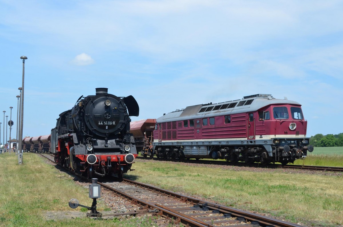 Sommerfest im Traditionsbahnbetriebswerk Staßfurt: 44 1486-8 und 130 101-9 des DB Museum Halle (Saale) die den Kieszug über den  Berg  zieht 06.06.2015