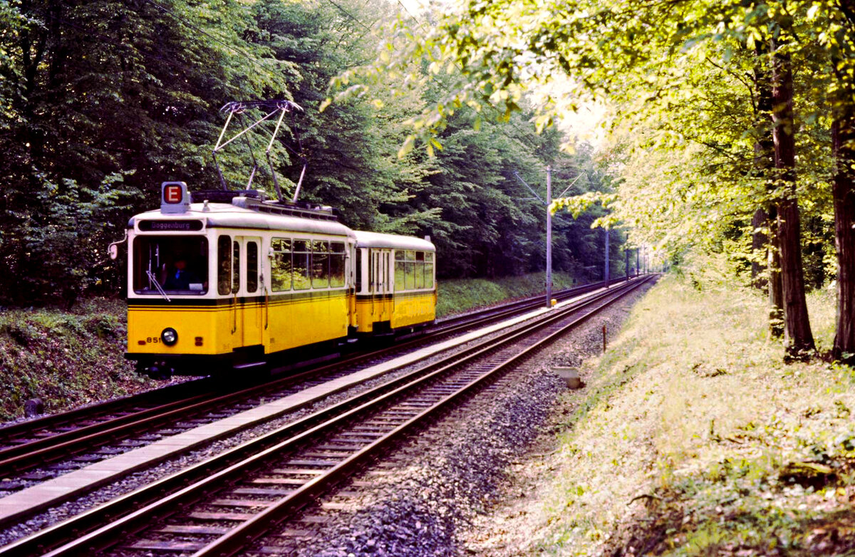 Sonderfahrt auf der ländlichen Stuttgarter Straßenbahnlinie 3 zwischen den Stationen Landhaus und Plieningen im Waldstück mit TW 851 (Uerdingen) und BW 1390 (31.05.1984)