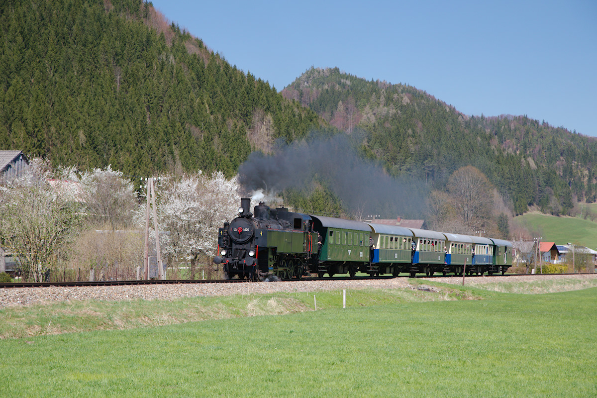 Sonderzug des Vereins Neue Landesbahn bespannt mit der 93.1420 kurz nach Amt Mitterbach auf der Fahrt nach St. Aegyd am Neuwald. (19.04.2015)