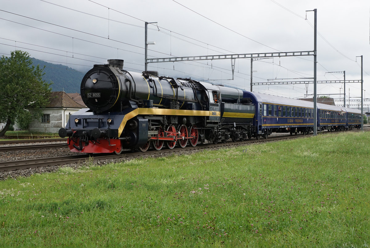 Sonderzug mit der DLM 52 8055 bei Oberbuchsiten am 12. August 2017.
Der Friedenszug ist ein Projekt aus Deutschland. Der Zug steht jedoch neu in Sissach abgestellt. 
Foto: Walter Ruetsch