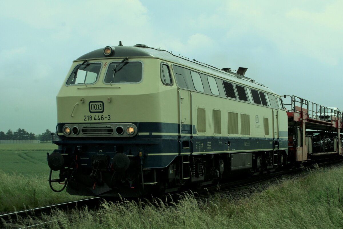 Sonnabend, 19. Juni 2021: 218 446-3  Gastlok  aus Bayern zieht einen Sylt-Shuttle Autozug von Niebüll nach Westerland auf Sylt bei Lehnshallig
