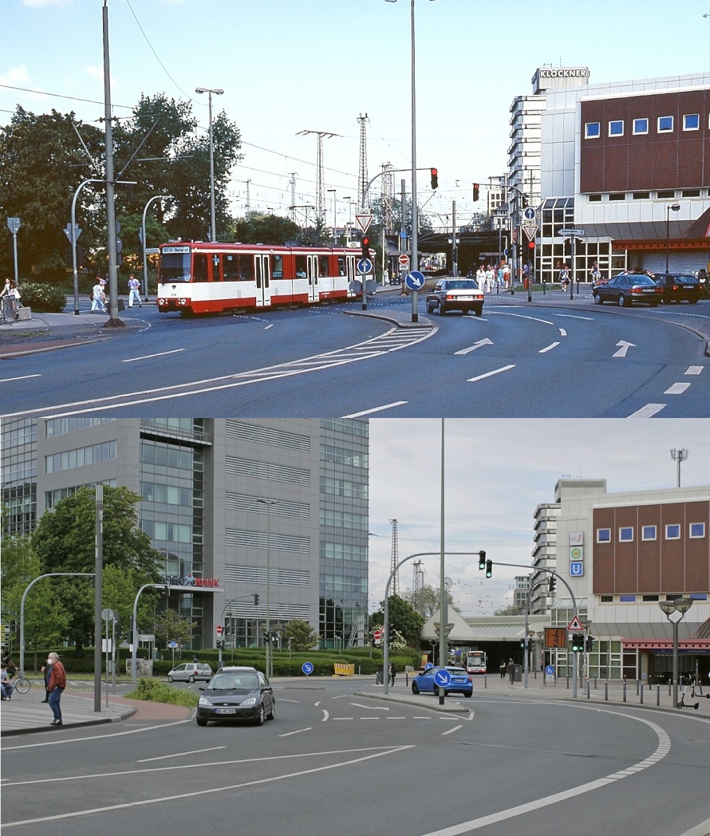 Spurensuche bei der Duisburger Straßenbahn: Auch die aus Mülheim kommende Linie 901 wurde mit der Aufnahme des Tunnelbetriebes am 11.07.1992 tiefergelegt. Oben hat der GT8MC-DU 1025 im Sommer 1991 die Unterführung am Hauptbahnhof unterquert, unten eine Aufnahme vom gleichen Standpunkt, die am 03.06.2021 entstand.
