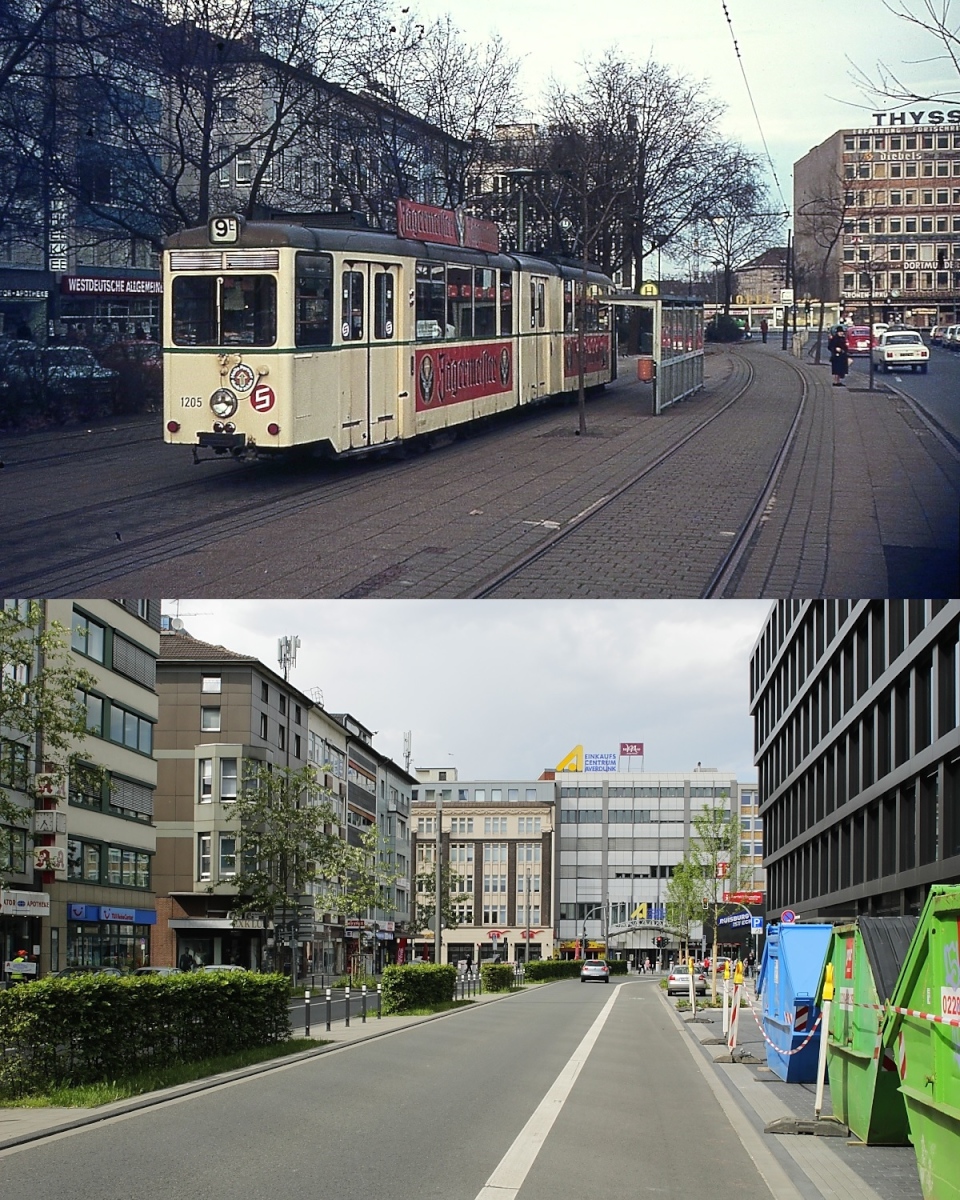 Spurensuche bei der Duisburger Straßenbahn: Vor der Aufnahme des Tunnelbetriebes am 11.07.1992 befand sich auf der Mercatorstraße westlich des Hauptbahnhofes eine Wendeschleife, die neben der Fernbahnlinie D/U 79 nach Düsseldorf auch von DVG-Zügen genutzt wurde. Ein Vergleich bei der beiden Aufnahmen vom 20.12.1973 und 03.06.2021 zeigt auch die Veränderungen im Stadtbild. Baulücken, die in den 1970er Jahren noch an manchen Stellen zu finden waren, sind verschwunden und die Nachkriegsbauten haben eine optische Auffrischung erhalten. Der Tw 1205 wurde 1958 aus dem KSW-Tw 205 und einem KSW-Beiwagen zu einem Einrichtungs-Gelenkwagen umgebaut und 1975 abgestellt.