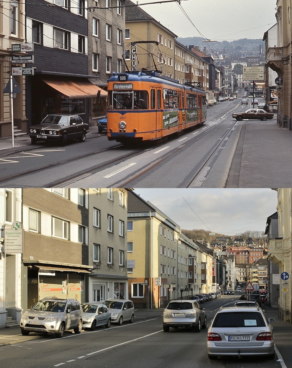 Spurensuche bei der Wuppertaler Straßenbahn: Um 1984 fährt der ex Dortmunder Triebwagen 3827 die Loher Straße hinauf, darunter ein Blick vom selben Standpunkt am 14.03.2020. Einige Monate später, im Januar 1985, brannte dieses Fahrzeug nach einem Kurzschluß aus.