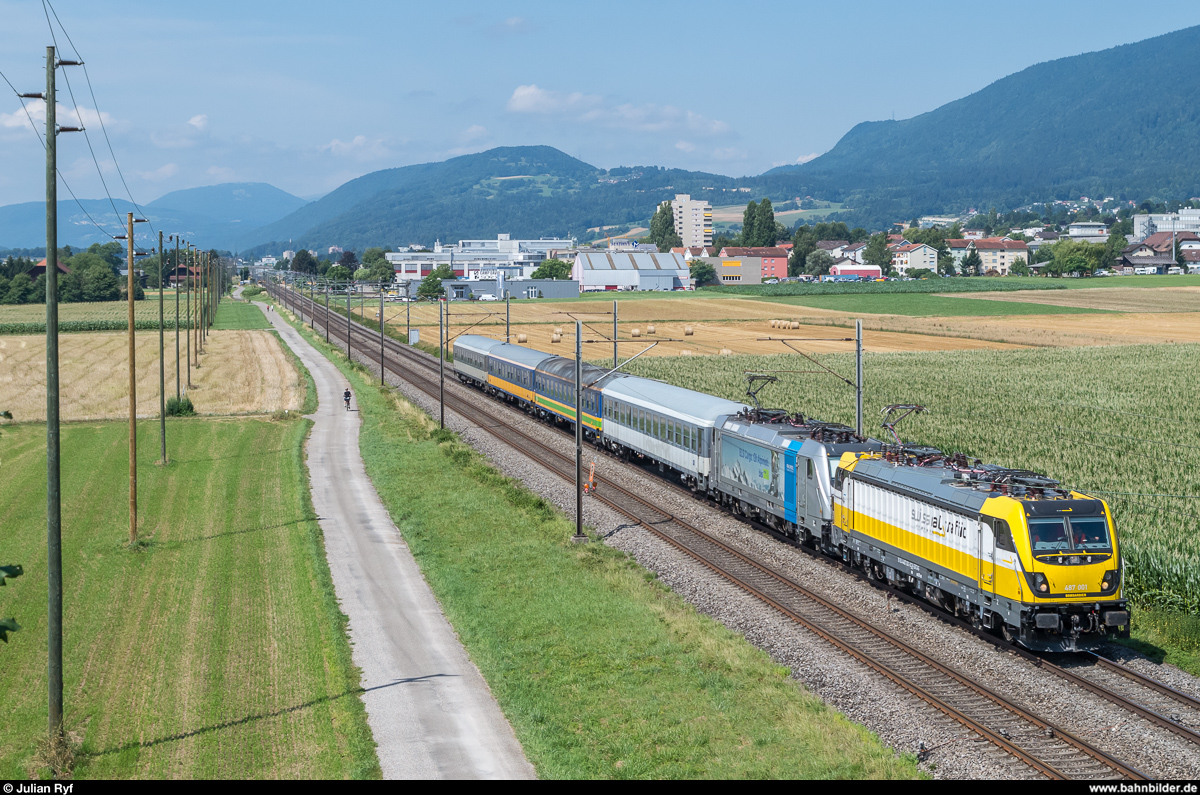 SRT Rem 487 001 und Railpool 187 005 am 21. Juli 2017 auf Messfahrt zwischen Bettlach und Selzach.