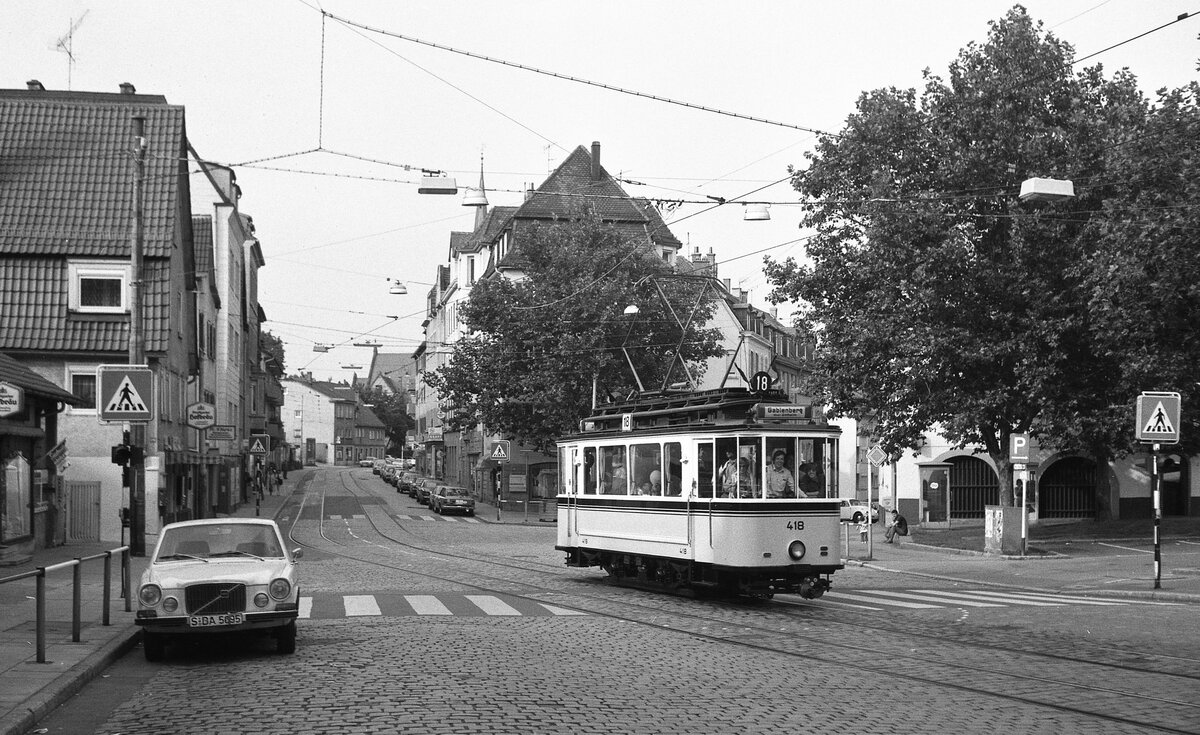 SSB Stuttgart__Abschiedsfahrt für die Linie 8 mit Tw 418 [ME/AEG 1925; 1960-68 Rangier-Tw 2529; 1977 vom SMS als Museumswagen hergerichtet] als historische Linie 18 zwischen Haltestelle 'Heidehofstraße' und Ostendplatz auf dem Rest-Streckenteil der Linie 8 (zeitweise bis 1969 auch L.18) vom Vogelsang nach Ostheim. Zum 1.10.1978 eingestellt. In Gablenberg. 