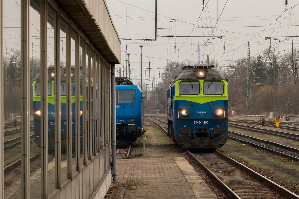 ST44-1205 spiegelt sich in den Scheiben der Bahnhofsunterführung. Aufgenommen im Bahnhof Guben am 15. Februar 2018. Auch mal interessant der Vergleich zwischen 
185 519-6 und der Trommel. 