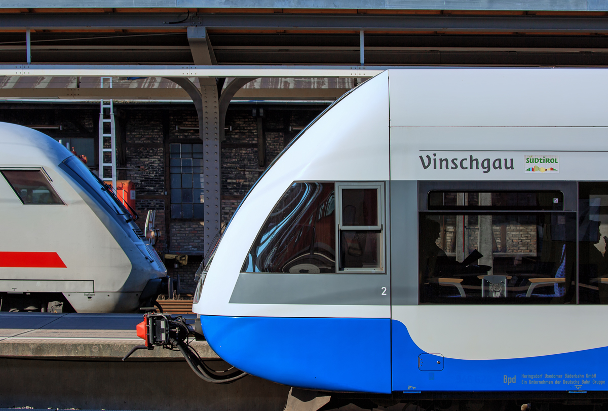 Stadler GTW der UBB mit der Bezeichnung  Vinschgau  auf dem Bahnhof Stralsund. - 28.03.2016