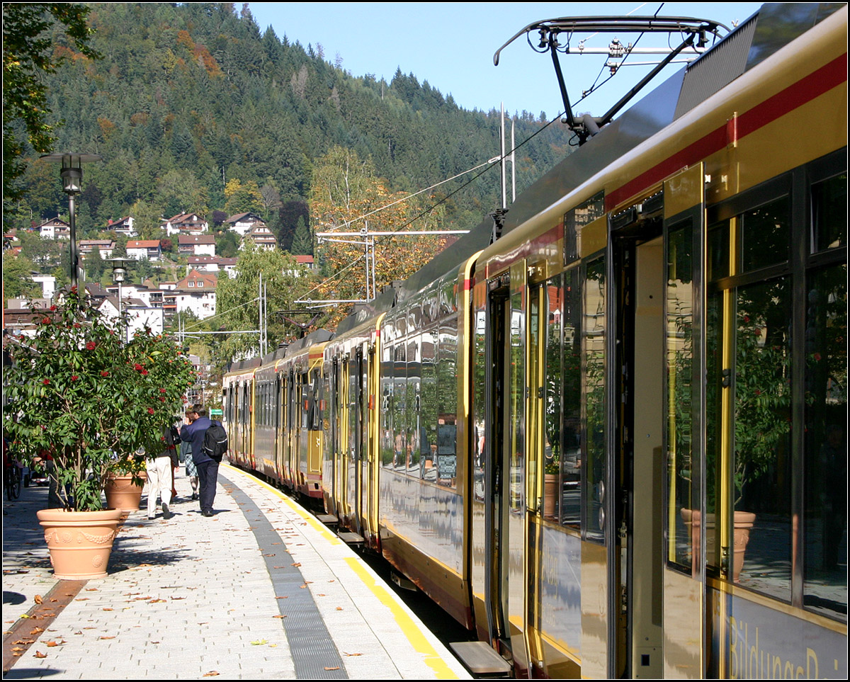 Stadtbahn im Schwarzwald -

Blick in die Endhaltestelle  Kurpark . Das Gleis endet hier stumpf, ohne Kreuzungsmöglichkeit. Blick in Richtung Norden. 

09.10.2005 (M)