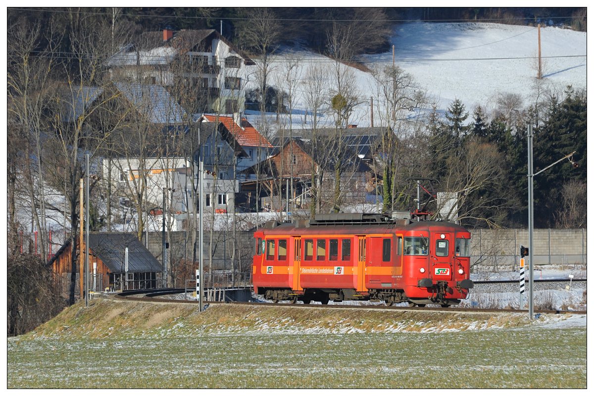 StB ET 15 von Übelbach nach Peggau-Deutschfeistritz, am 1.2.2021 kurz vor der Haltestelle Prenning.