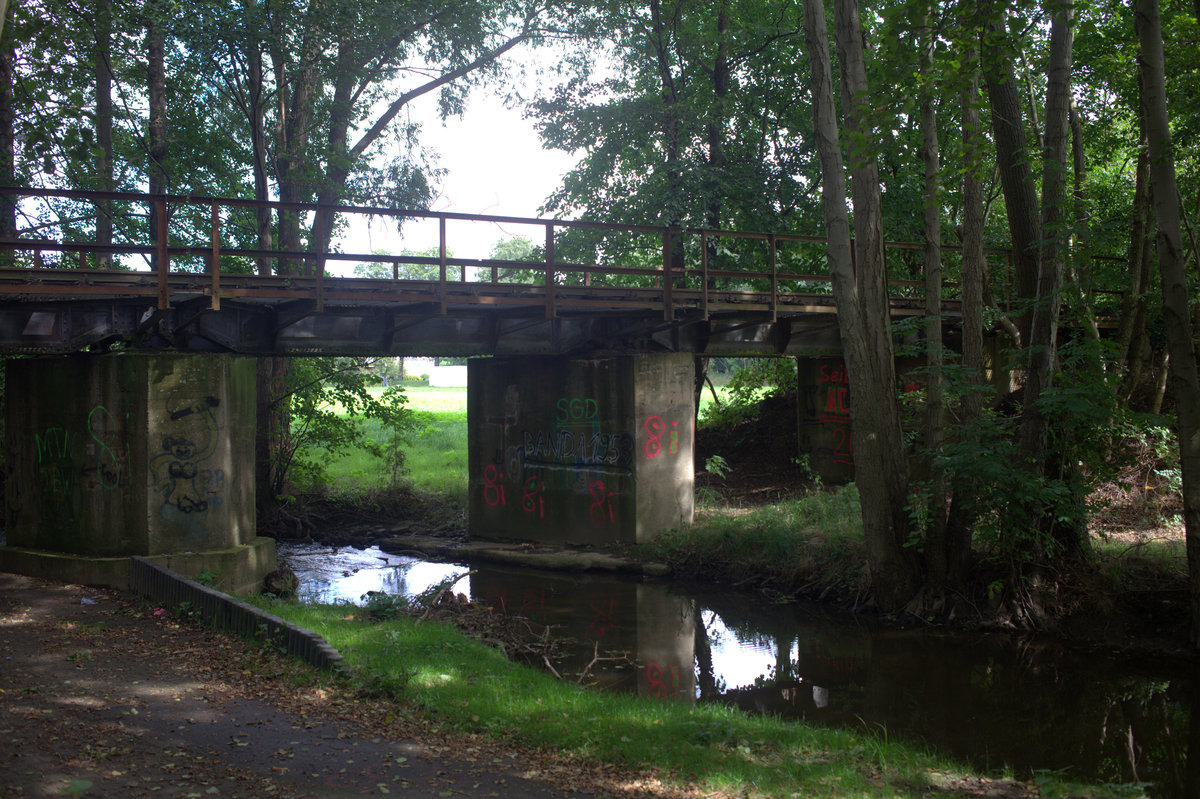 Stillgelegt und vergessen, die dreiteilige Blechträgerbrücke über den Hopfenbach der ehemaligen Industriebahn in Großenhian. 10.09.2017  11:56 Uhr.