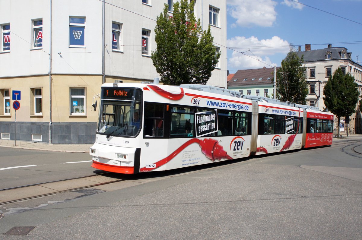 Straenbahn Zwickau: MAN / AEG GT6M der SVZ Zwickau - Wagen 912, aufgenommen im Juli 2018 am Hauptbahnhof in Zwickau.