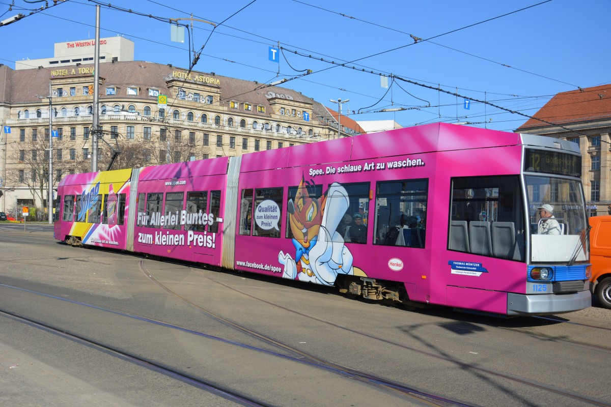 Straßenbahn (1125) mit Spee Werbung in Leipzig. Aufgenommen am 13.03.2014.