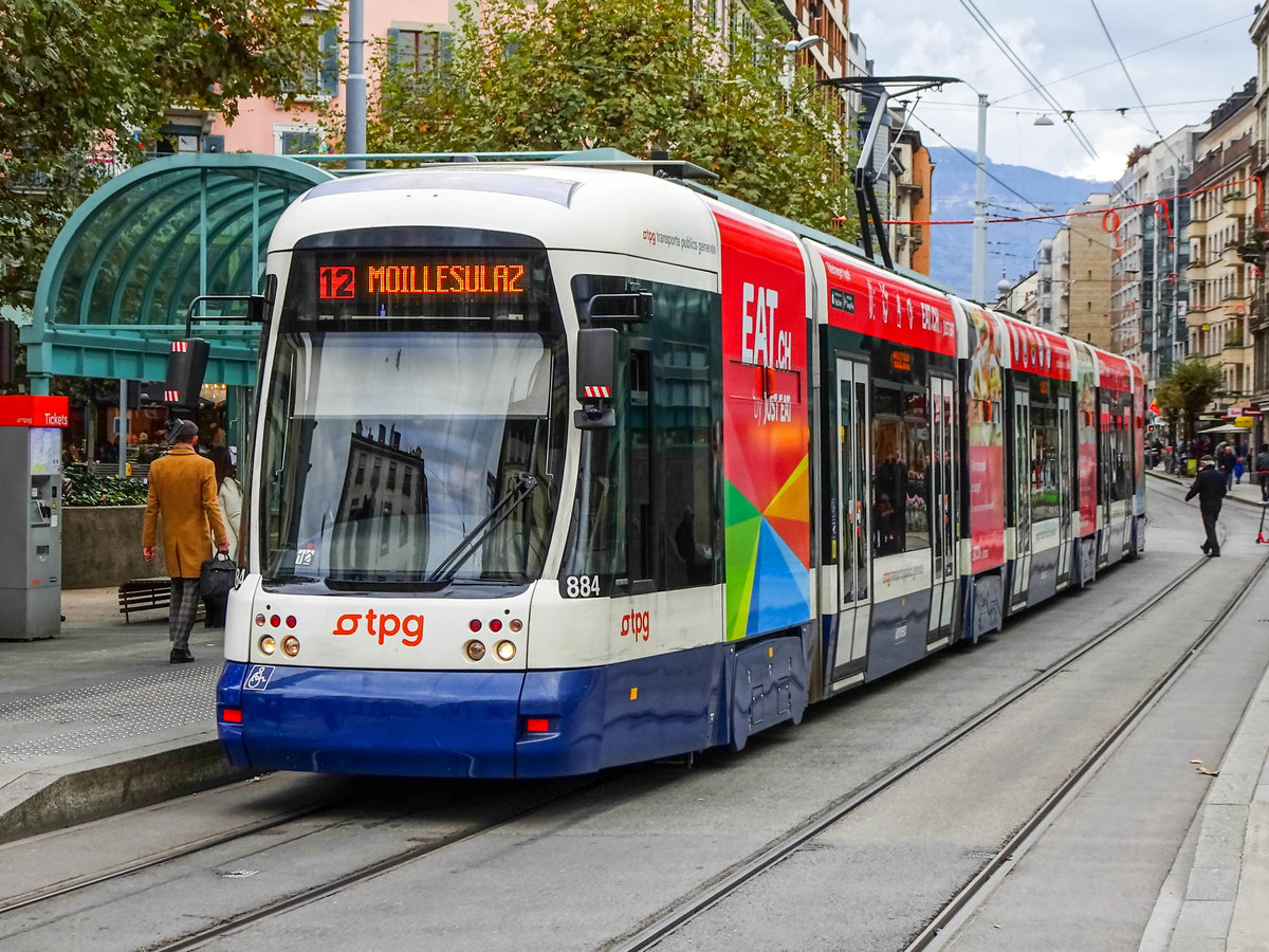 Straßenbahn Genf Linie 12 nach Moillesulaz am Plainpalais, 09.11.2019.