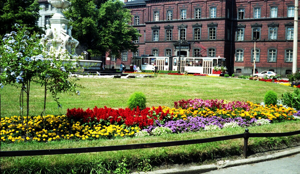 Straßenbahn Görlitz, Niederschlesien__Tw der Linie 2 nach Biesnitz auf dem Postplatz mit Landgerichtsgebäude und 'Muschelminna-Brunnen'__27.06.1992