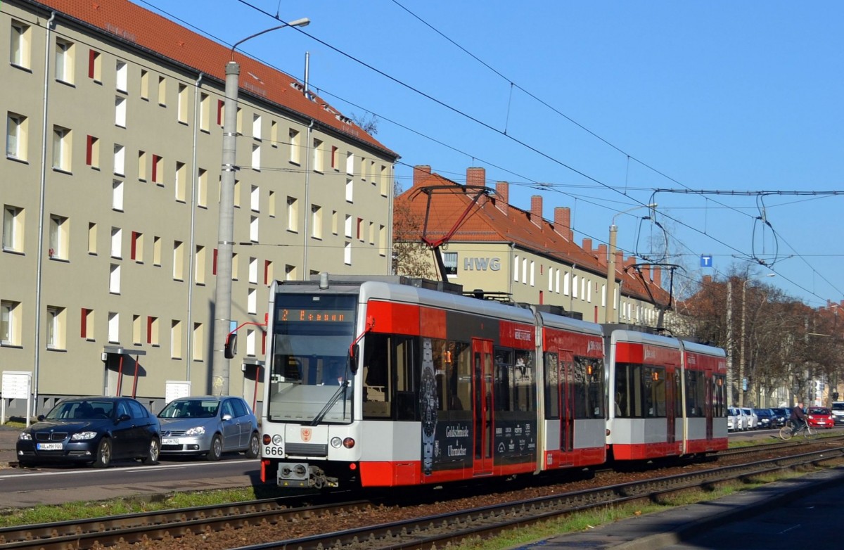 Straßenbahn Halle / Saale: Wagen 666 + 665 als Linie 2 nach Beesen. Aufgenommen in der Paul-Suhr-Straße im November 2013.