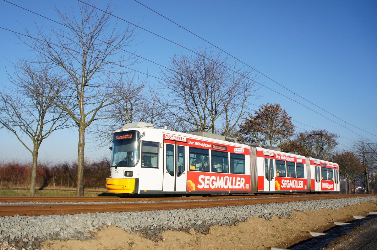 Straßenbahn Mainz / Mainzelbahn: Adtranz GT6M-ZR der MVG Mainz - Wagen 202, aufgenommen im Dezember 2016 zwischen Mainz-Lerchenberg und Mainz-Marienborn.