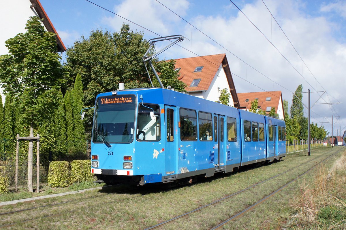 Straßenbahn Mainz / Mainzelbahn: Duewag / AEG M8C der MVG Mainz - Wagen 274, aufgenommen im September 2018 in Mainz-Bretzenheim.