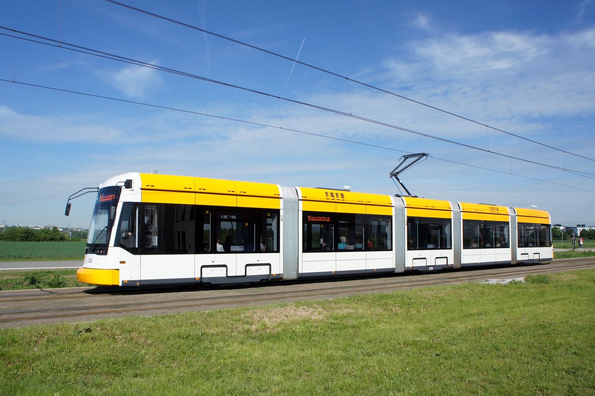 Straßenbahn Mainz / Mainzelbahn: Stadler Rail Variobahn der MVG Mainz - Wagen 236, aufgenommen im Mai 2017 in Mainz-Bretzenheim.