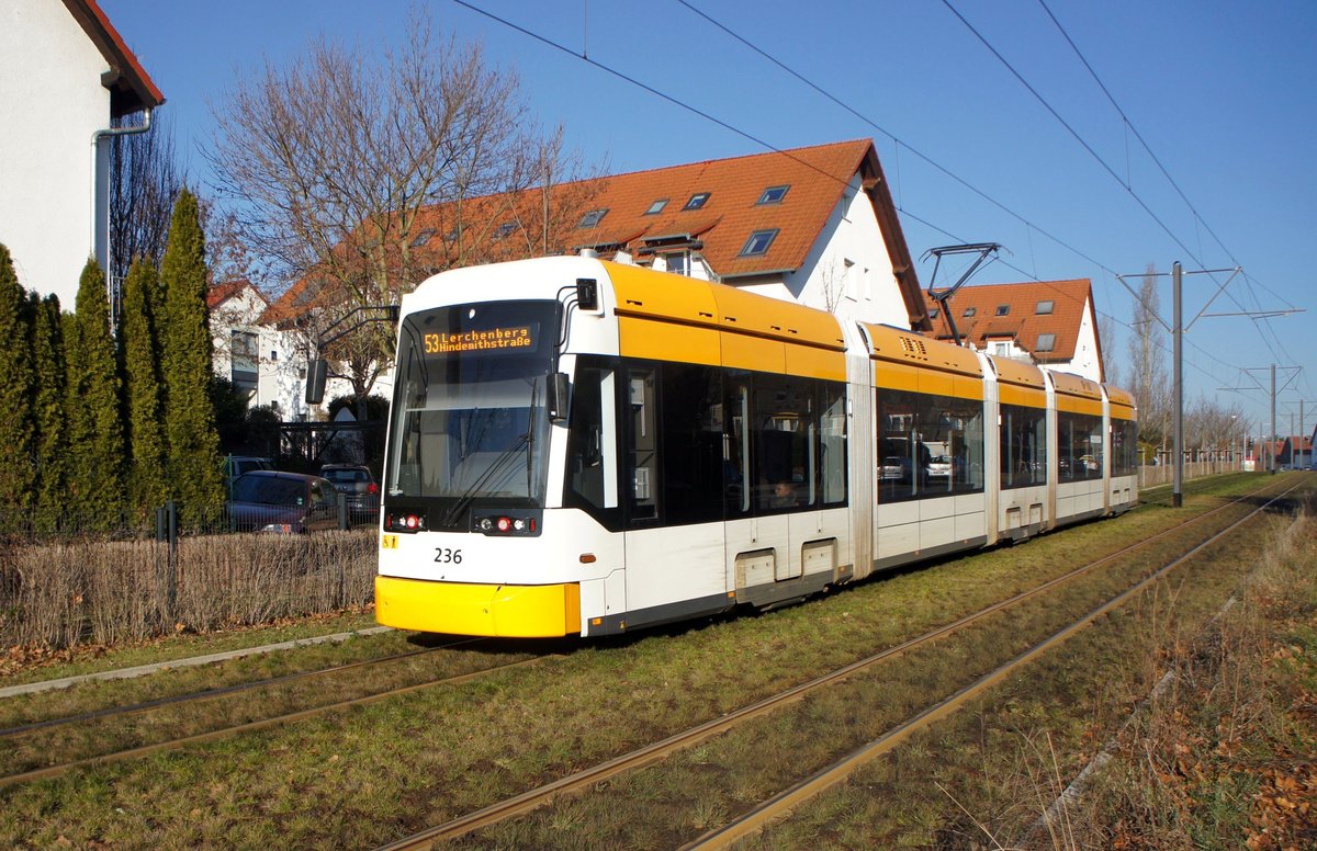 Straßenbahn Mainz / Mainzelbahn: Stadler Rail Variobahn der MVG Mainz - Wagen 236, aufgenommen im Februar 2019 in Mainz-Bretzenheim.