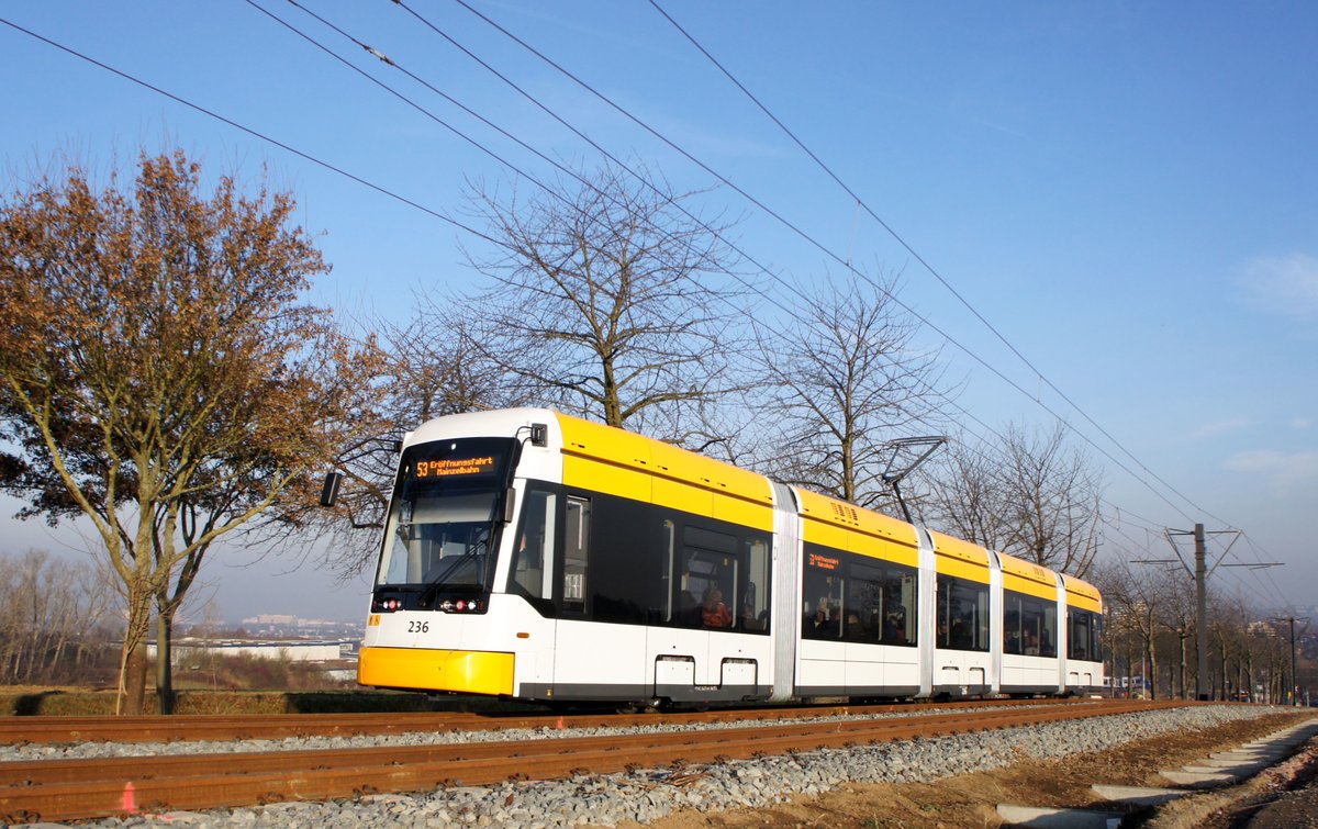 Straßenbahn Mainz / Mainzelbahn: Stadler Rail Variobahn der MVG Mainz - Wagen 236, aufgenommen im Dezember 2016 zwischen Mainz-Lerchenberg und Mainz-Marienborn.