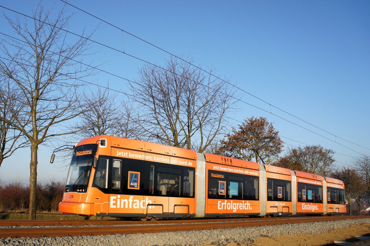 Straßenbahn Mainz / Mainzelbahn: Stadler Rail Variobahn der MVG Mainz - Wagen 229, aufgenommen im Dezember 2016 zwischen Mainz-Lerchenberg und Mainz-Marienborn.