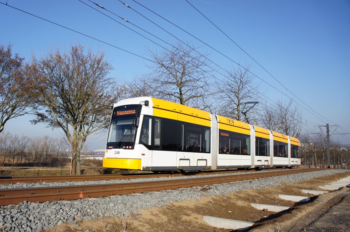 Straßenbahn Mainz / Mainzelbahn: Stadler Rail Variobahn der MVG Mainz - Wagen 230, aufgenommen im Februar 2017 zwischen Mainz-Lerchenberg und Mainz-Marienborn.