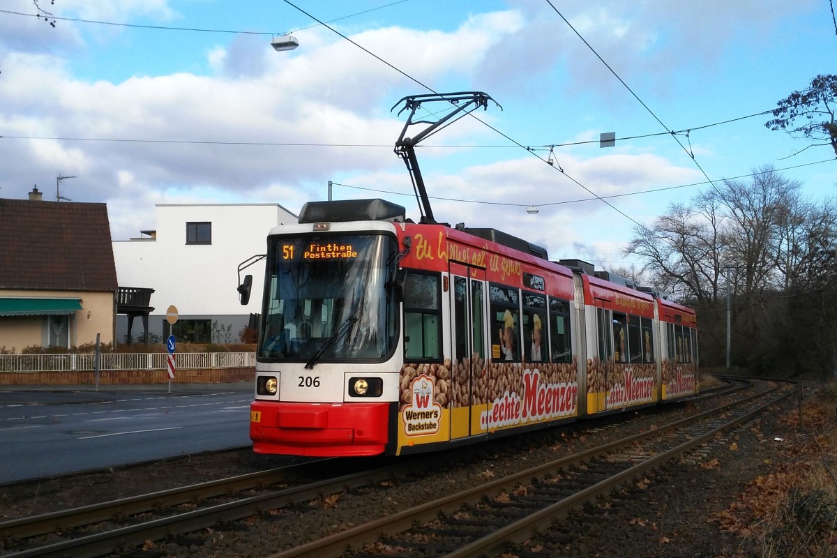 Straßenbahn Mainz Adtranz GT6MZR der MVG Mainz Wagen 206