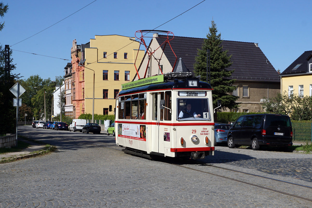 Strassenbahn Naumburg.
Impressionen der Naumburger Strassenbahn mit dem Wagen 29 vom 22. September 2019.
Foto: Walter Ruetsch