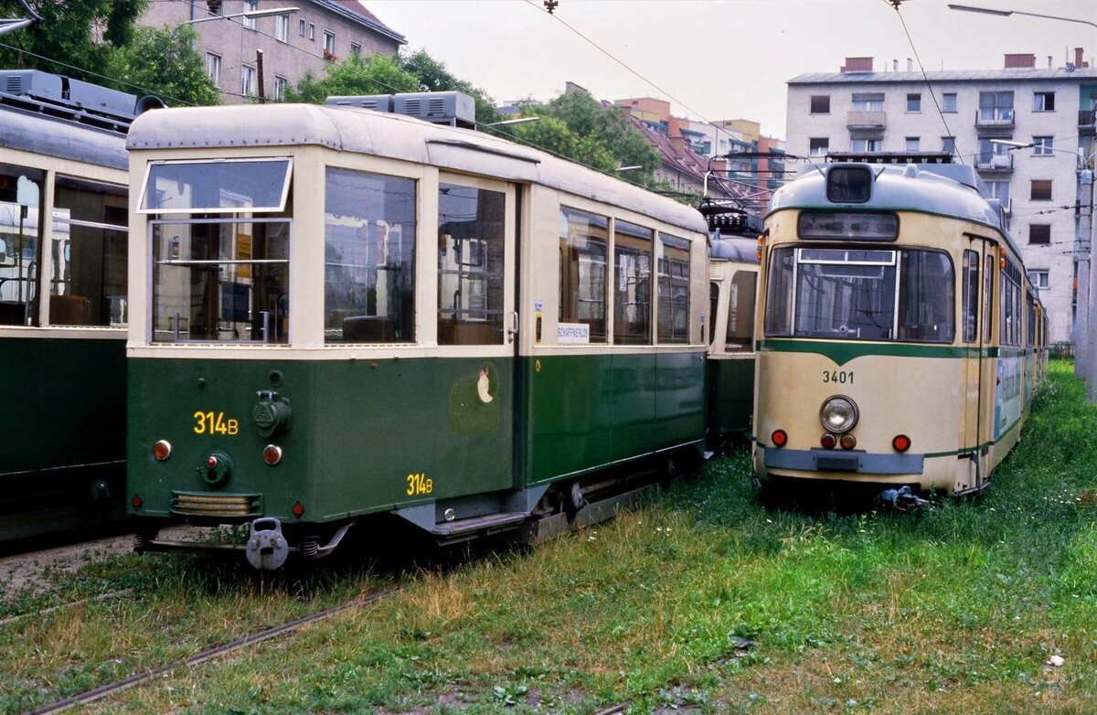 Straßenbahnbeiwagen 314 und TW 3401 der Grazer Straßenbahn, 15.07.1986
